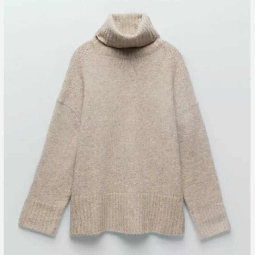 Zara Soft Knit Oversized Turtleneck Jumper Sweater Beige M-L
